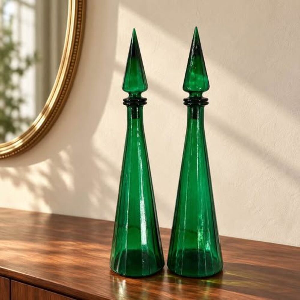 Pair of Emerald Green Faceted Glass Decanters with Pointed Stoppers